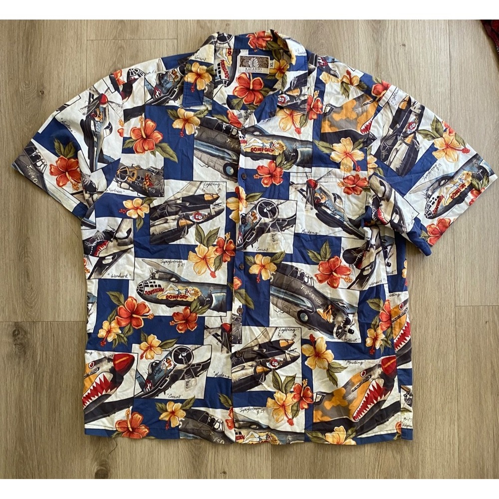 Vintage Kalaheo Mens XL Hawaiian Shirt WWII Fighter Planes Floral Aloha Rayon